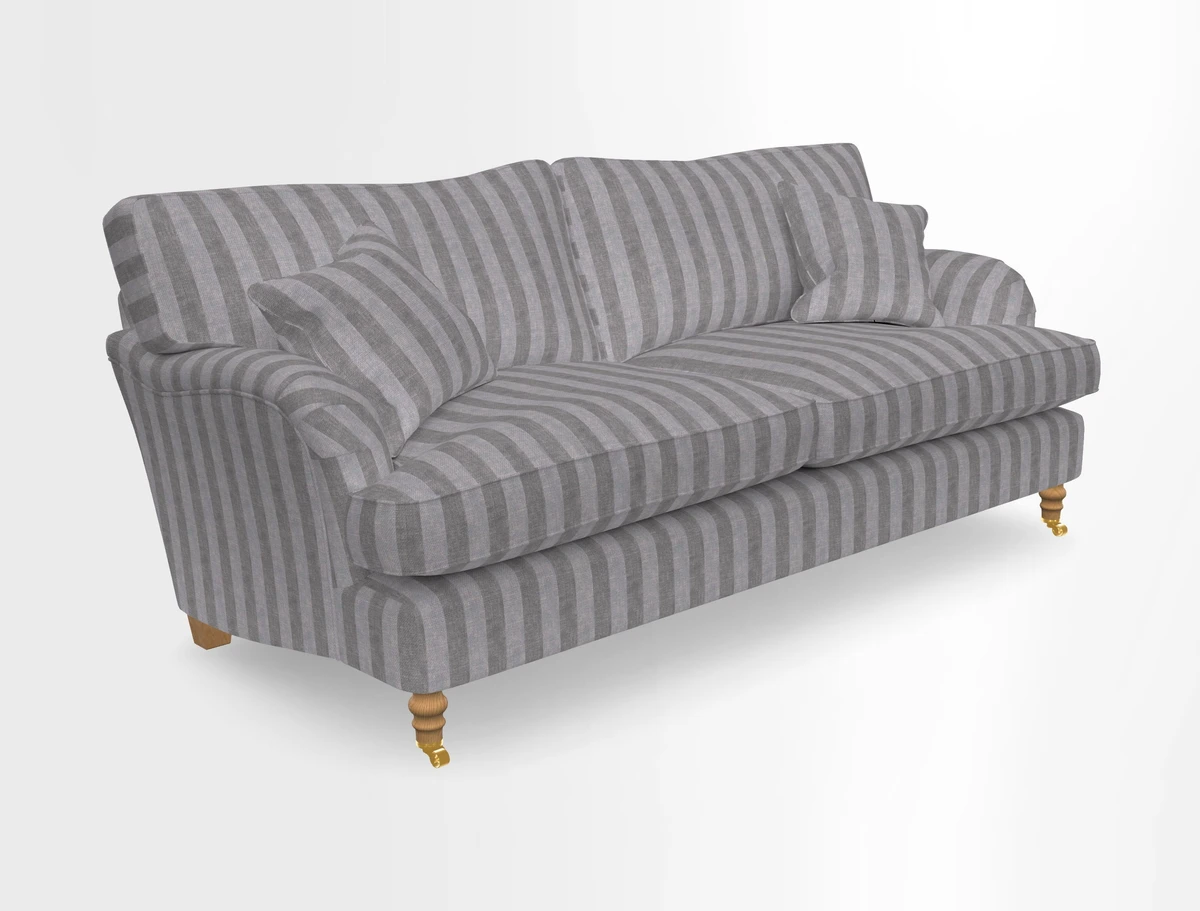 Alwinton 3 seater sofa in Ettas Stripe Moss with bolster cushion in Almost Plain Velvet Harvest
