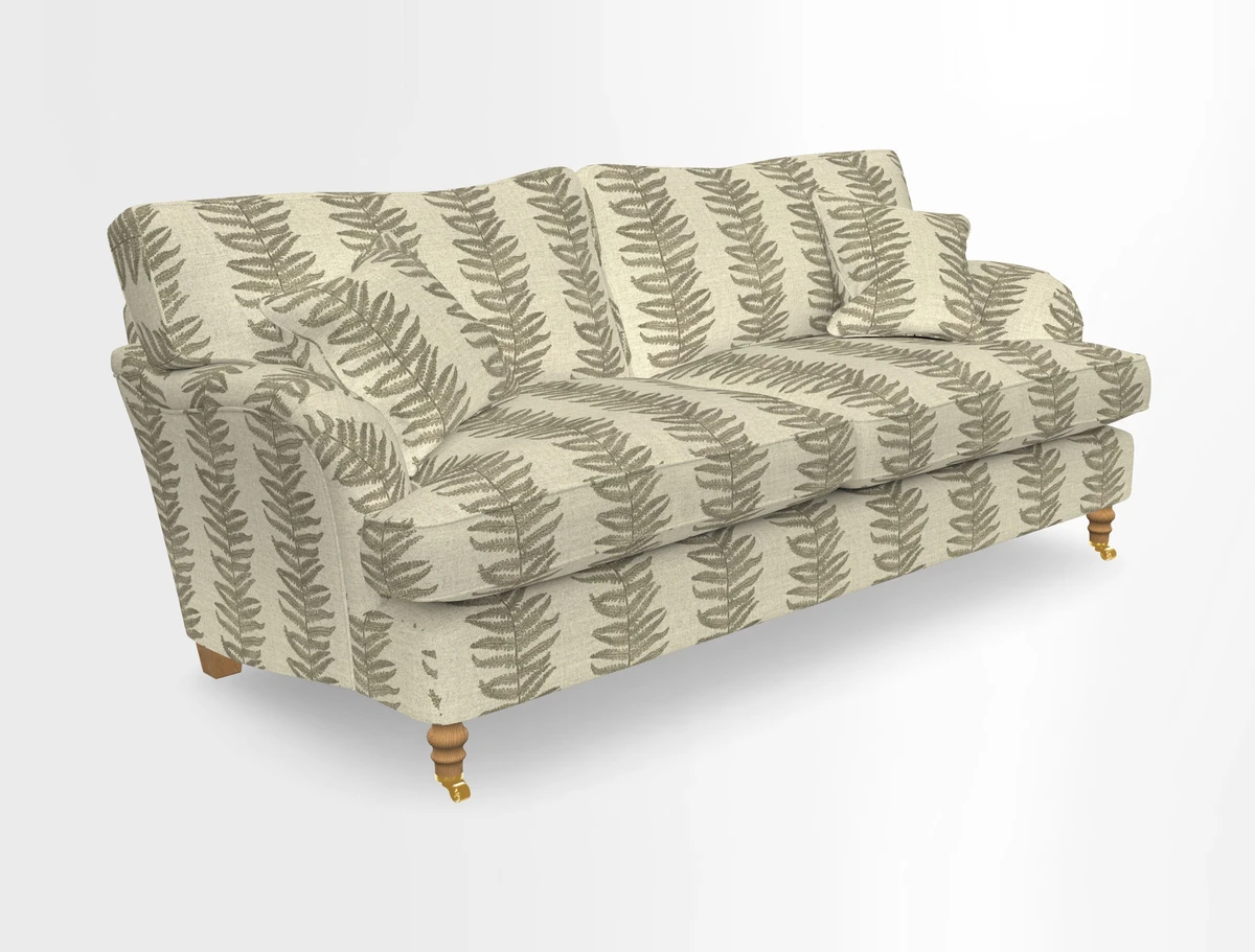 Alwinton 3 seater sofa in Ettas Stripe Moss with bolster cushion in Almost Plain Velvet Harvest