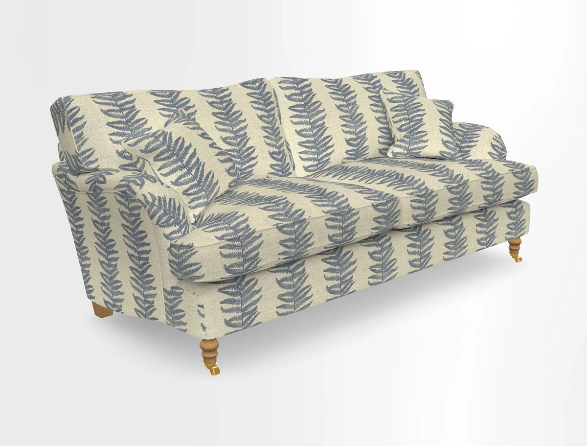 Alwinton 3 seater sofa in Ettas Stripe Moss with bolster cushion in Almost Plain Velvet Harvest