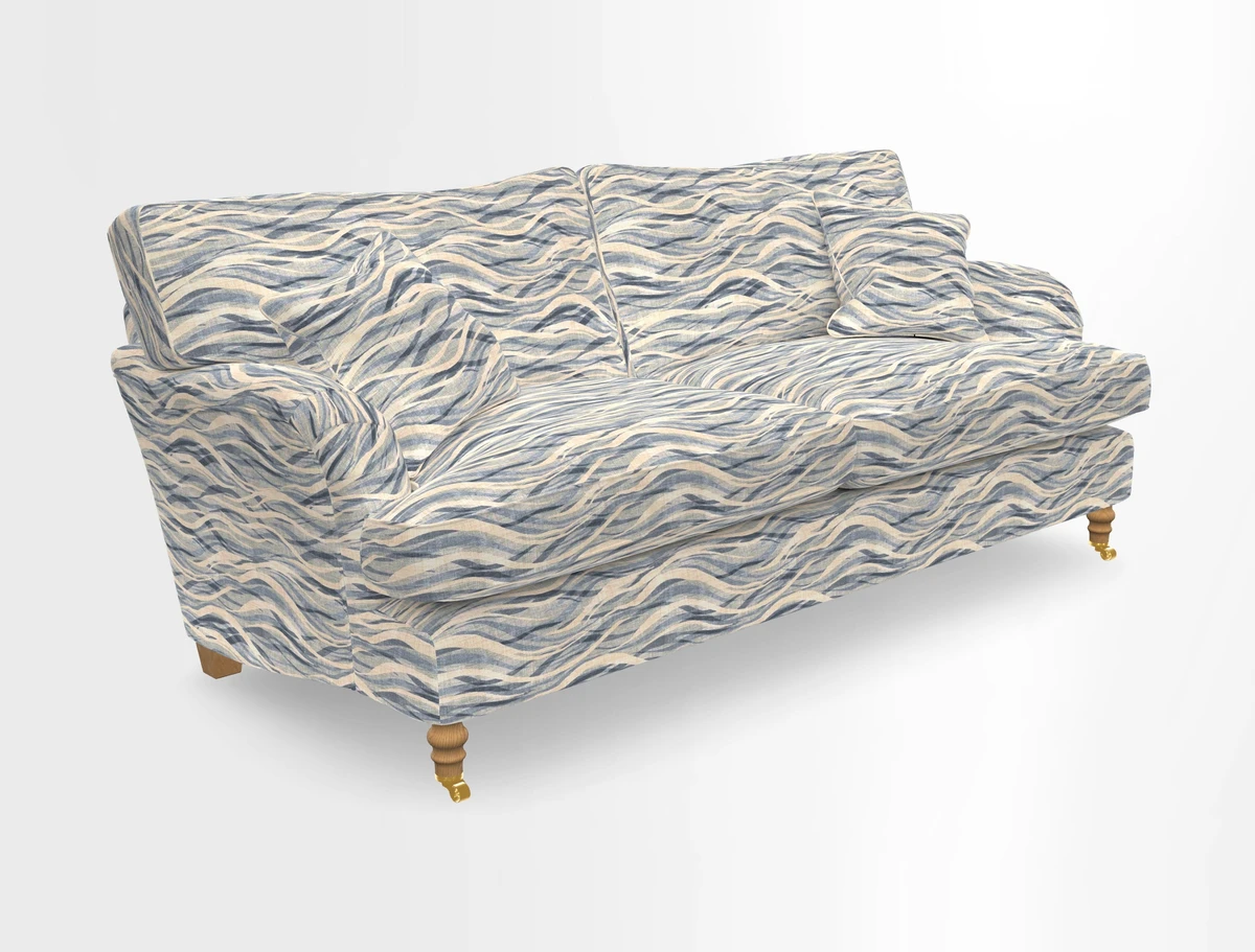 Alwinton 3 seater sofa in Ettas Stripe Moss with bolster cushion in Almost Plain Velvet Harvest