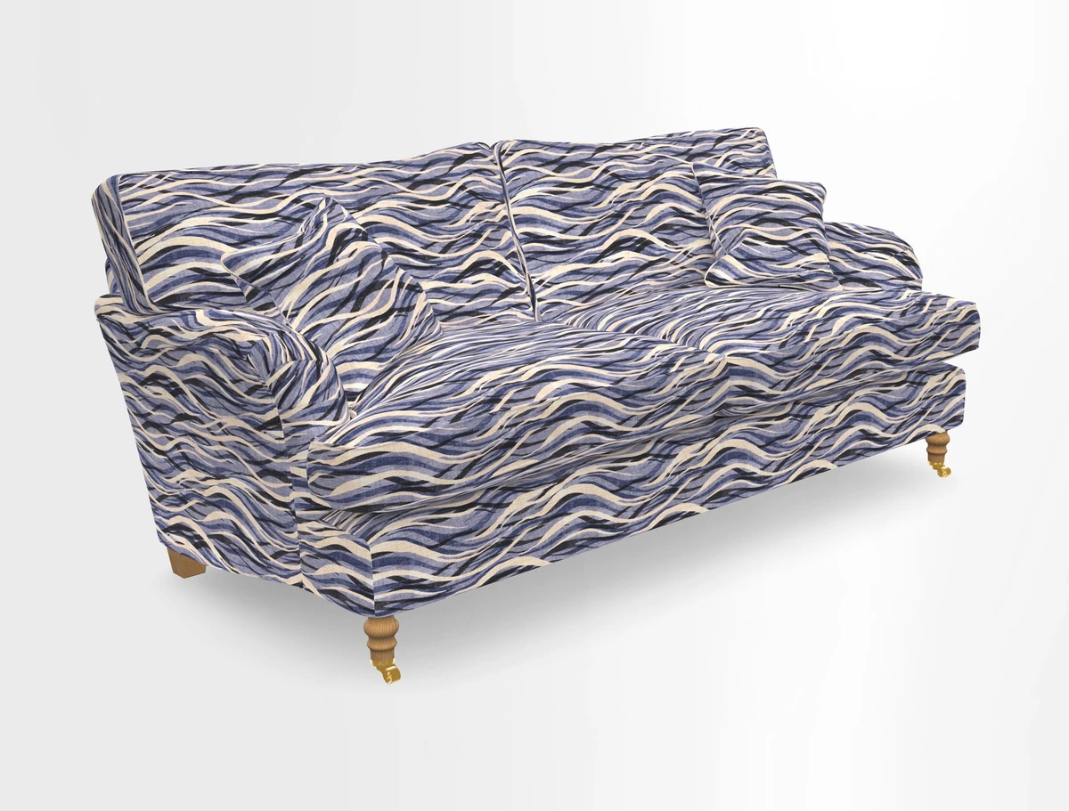 Alwinton 3 seater sofa in Ettas Stripe Moss with bolster cushion in Almost Plain Velvet Harvest