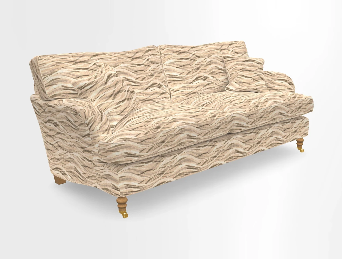Alwinton 3 seater sofa in Ettas Stripe Moss with bolster cushion in Almost Plain Velvet Harvest