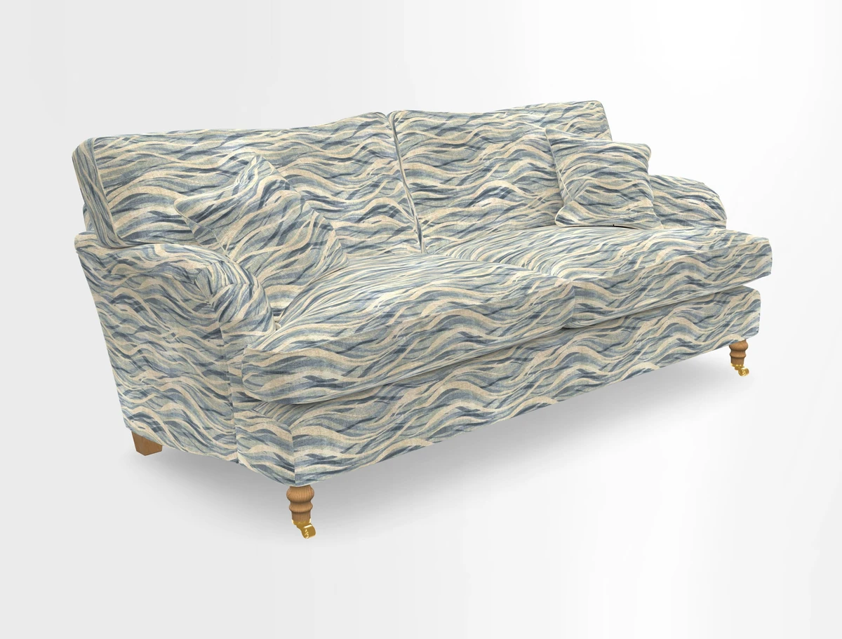 Alwinton 3 seater sofa in Ettas Stripe Moss with bolster cushion in Almost Plain Velvet Harvest