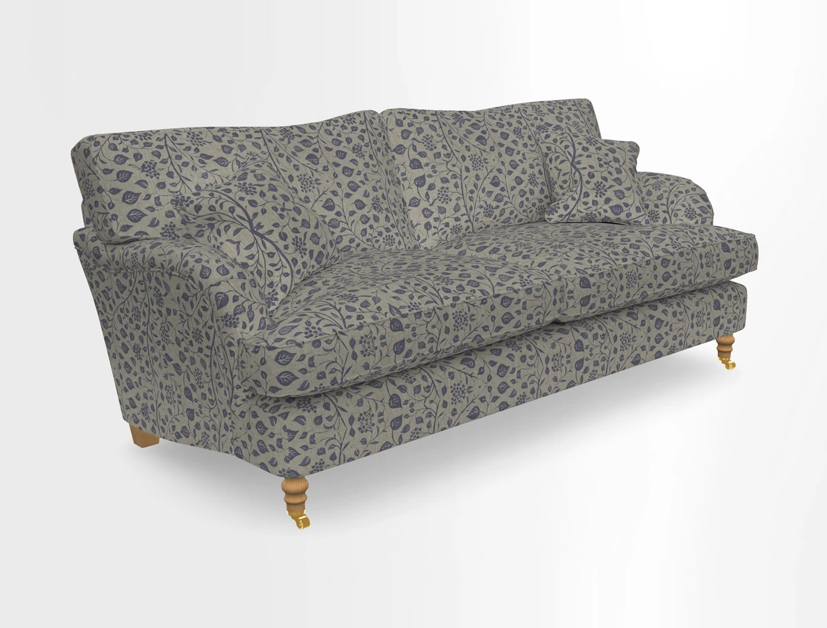 Alwinton 3 seater sofa in Ettas Stripe Moss with bolster cushion in Almost Plain Velvet Harvest