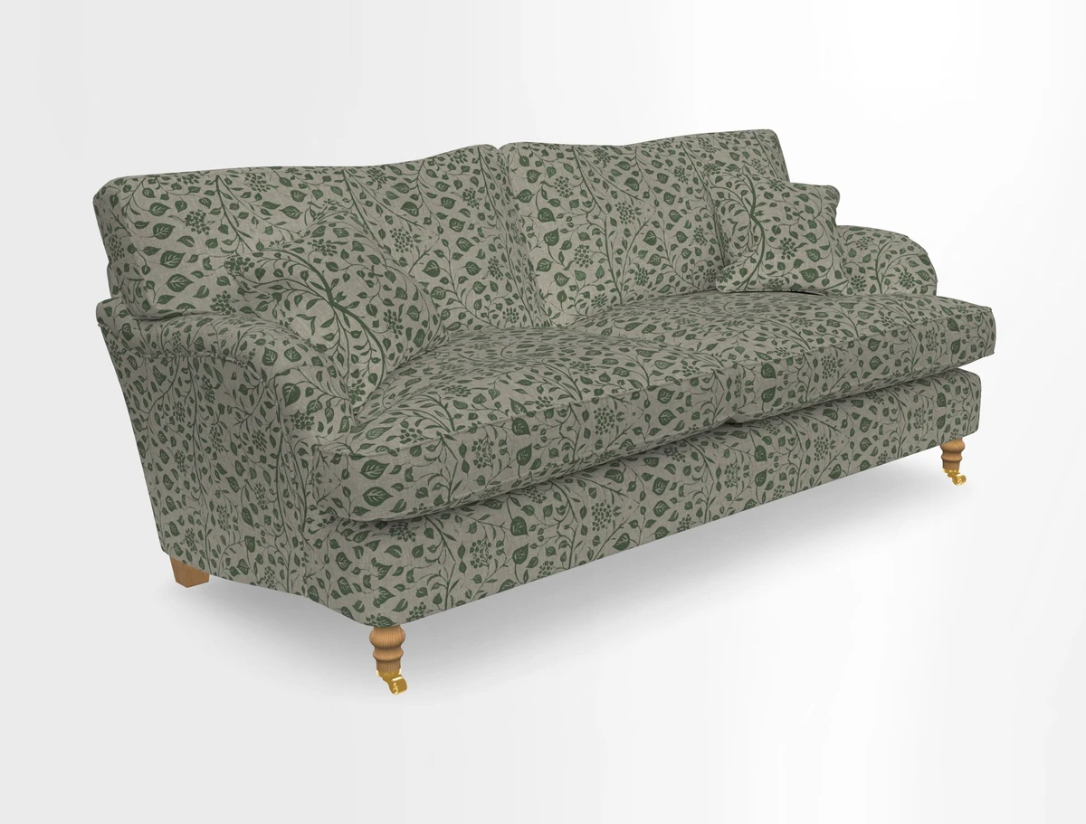 Alwinton 3 seater sofa in Ettas Stripe Moss with bolster cushion in Almost Plain Velvet Harvest