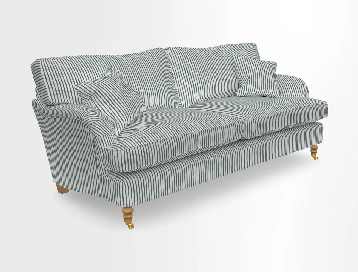 Alwinton 3 seater sofa in Ettas Stripe Moss with bolster cushion in Almost Plain Velvet Harvest