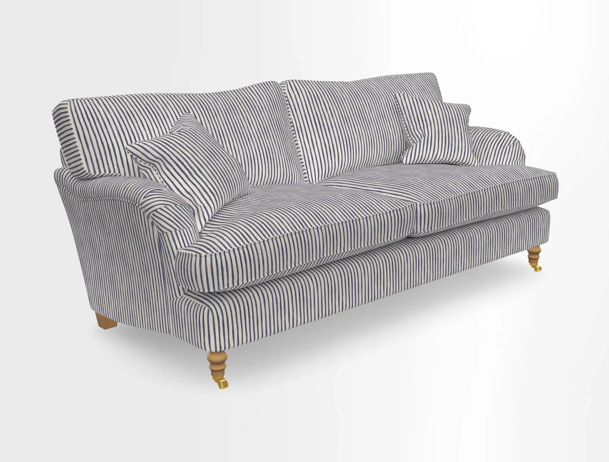 Alwinton 3 seater sofa in Ettas Stripe Moss with bolster cushion in Almost Plain Velvet Harvest