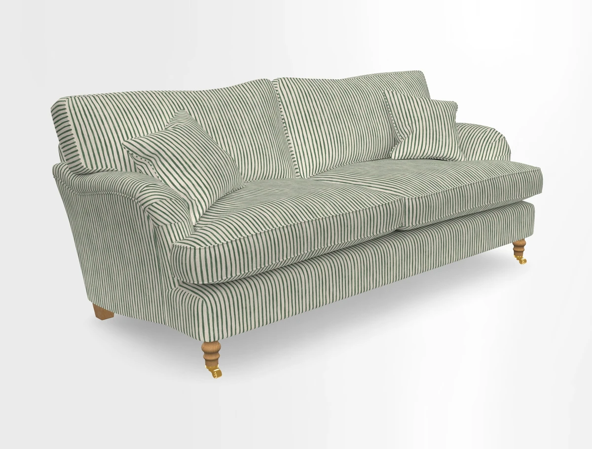 Alwinton 3 seater sofa in Ettas Stripe Moss with bolster cushion in Almost Plain Velvet Harvest