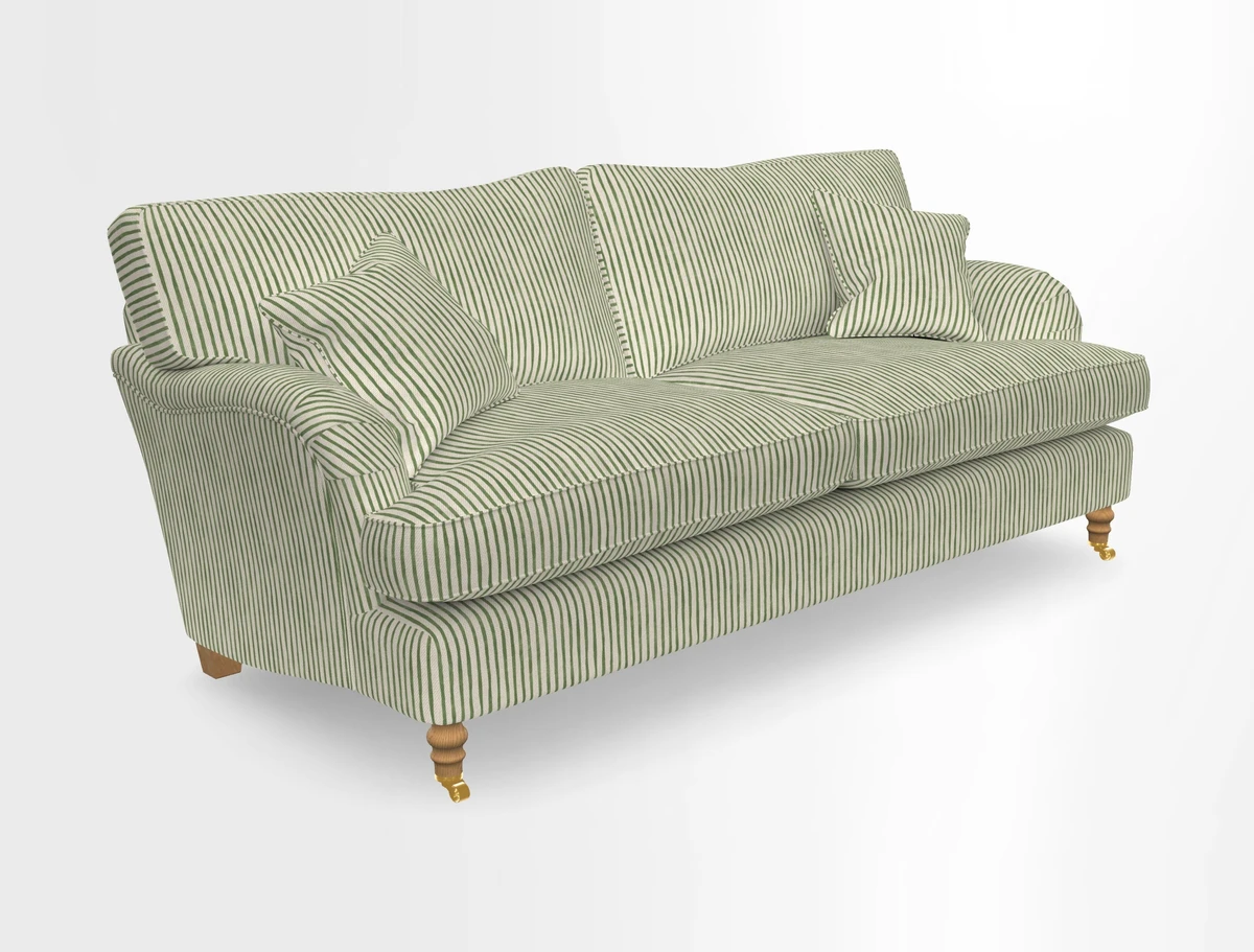Alwinton 3 seater sofa in Ettas Stripe Moss with bolster cushion in Almost Plain Velvet Harvest