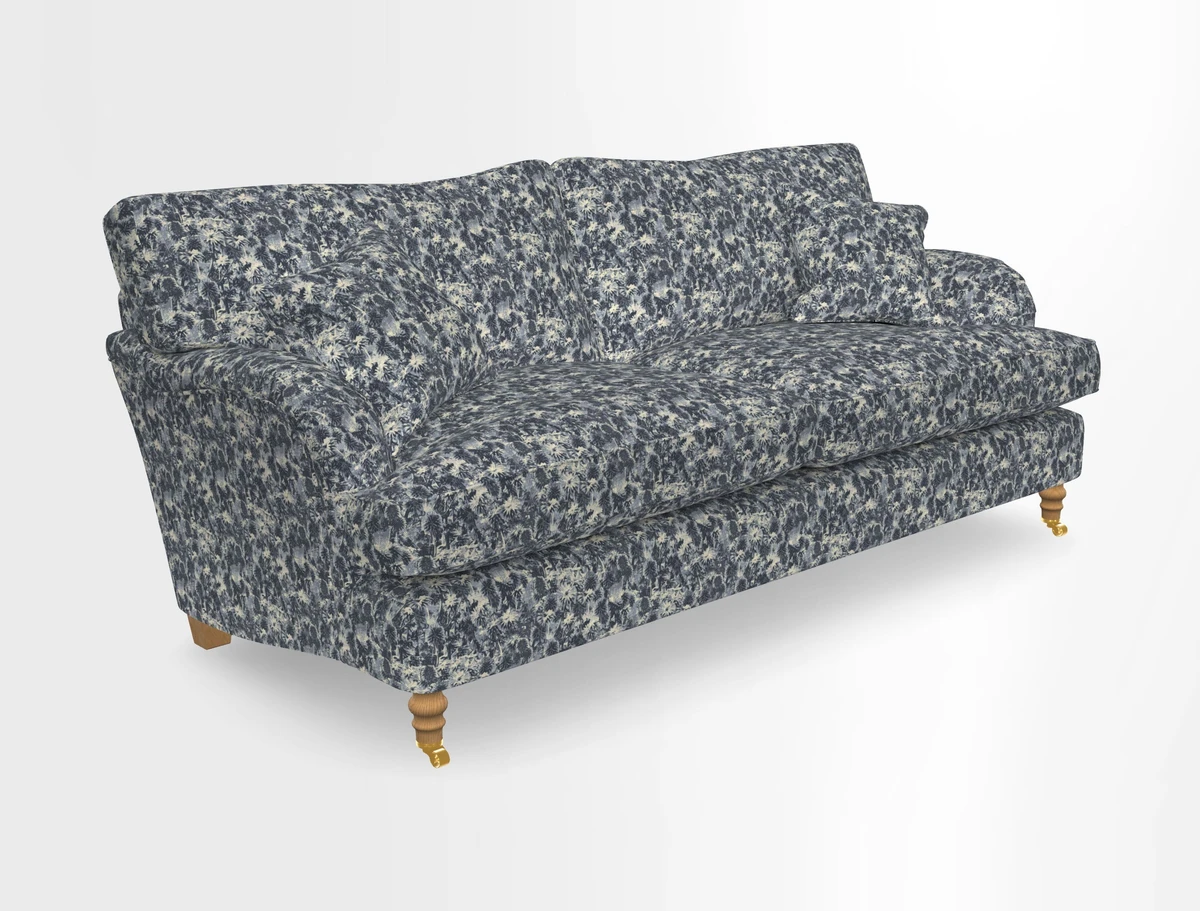 Alwinton 3 seater sofa in Ettas Stripe Moss with bolster cushion in Almost Plain Velvet Harvest