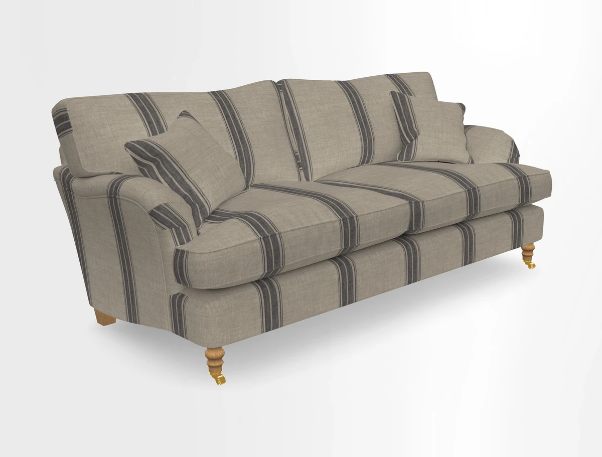 Alwinton 3 seater sofa in Ettas Stripe Moss with bolster cushion in Almost Plain Velvet Harvest