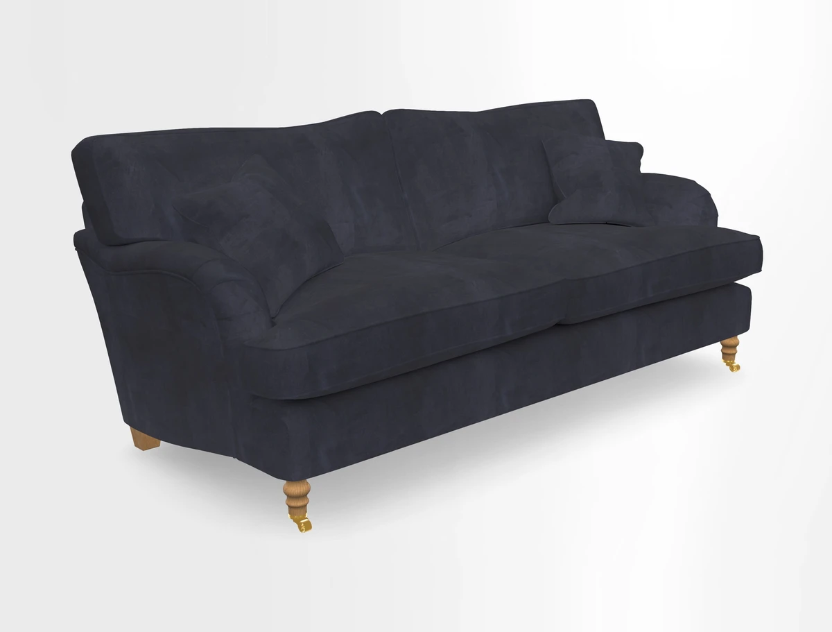 Alwinton 3 seater sofa in Ettas Stripe Moss with bolster cushion in Almost Plain Velvet Harvest
