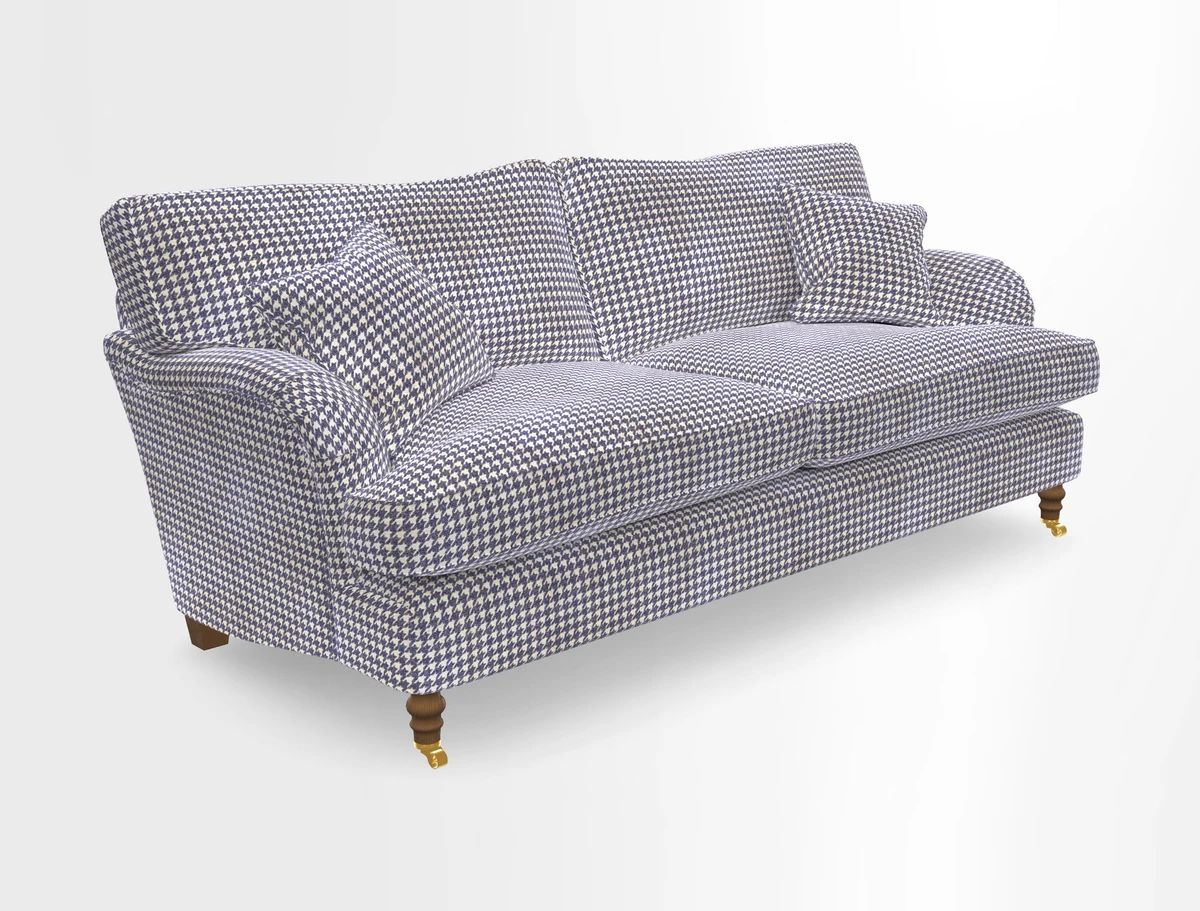 Alwinton 3 seater sofa in Ettas Stripe Moss with bolster cushion in Almost Plain Velvet Harvest