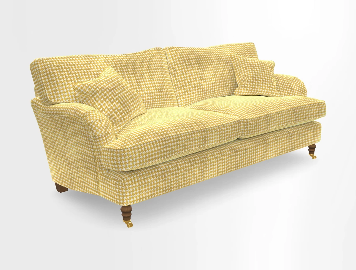 Alwinton 3 seater sofa in Ettas Stripe Moss with bolster cushion in Almost Plain Velvet Harvest