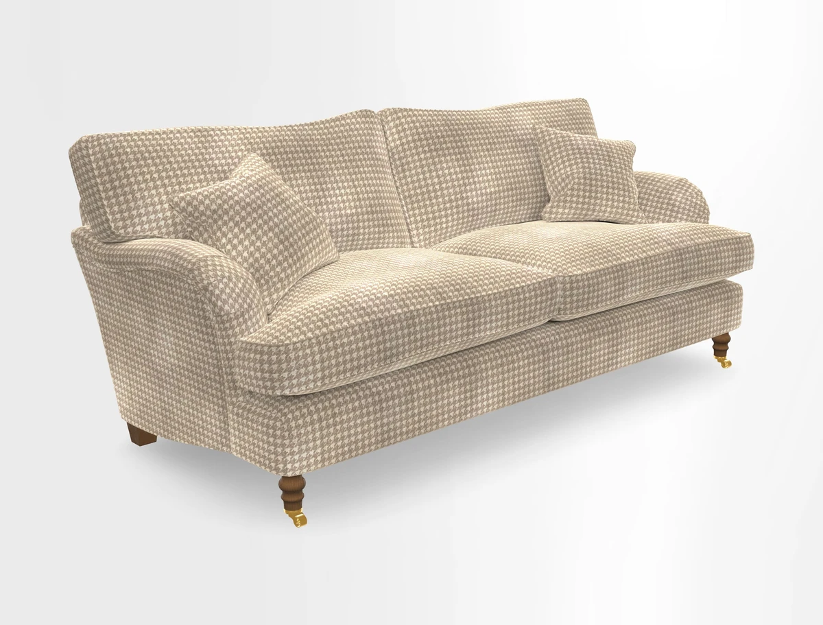 Alwinton 3 seater sofa in Ettas Stripe Moss with bolster cushion in Almost Plain Velvet Harvest