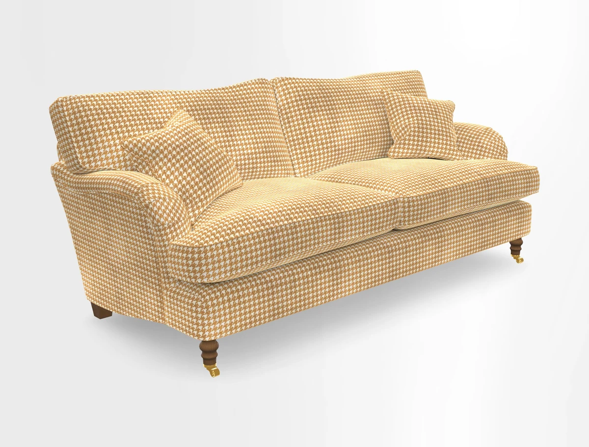 Alwinton 3 seater sofa in Ettas Stripe Moss with bolster cushion in Almost Plain Velvet Harvest