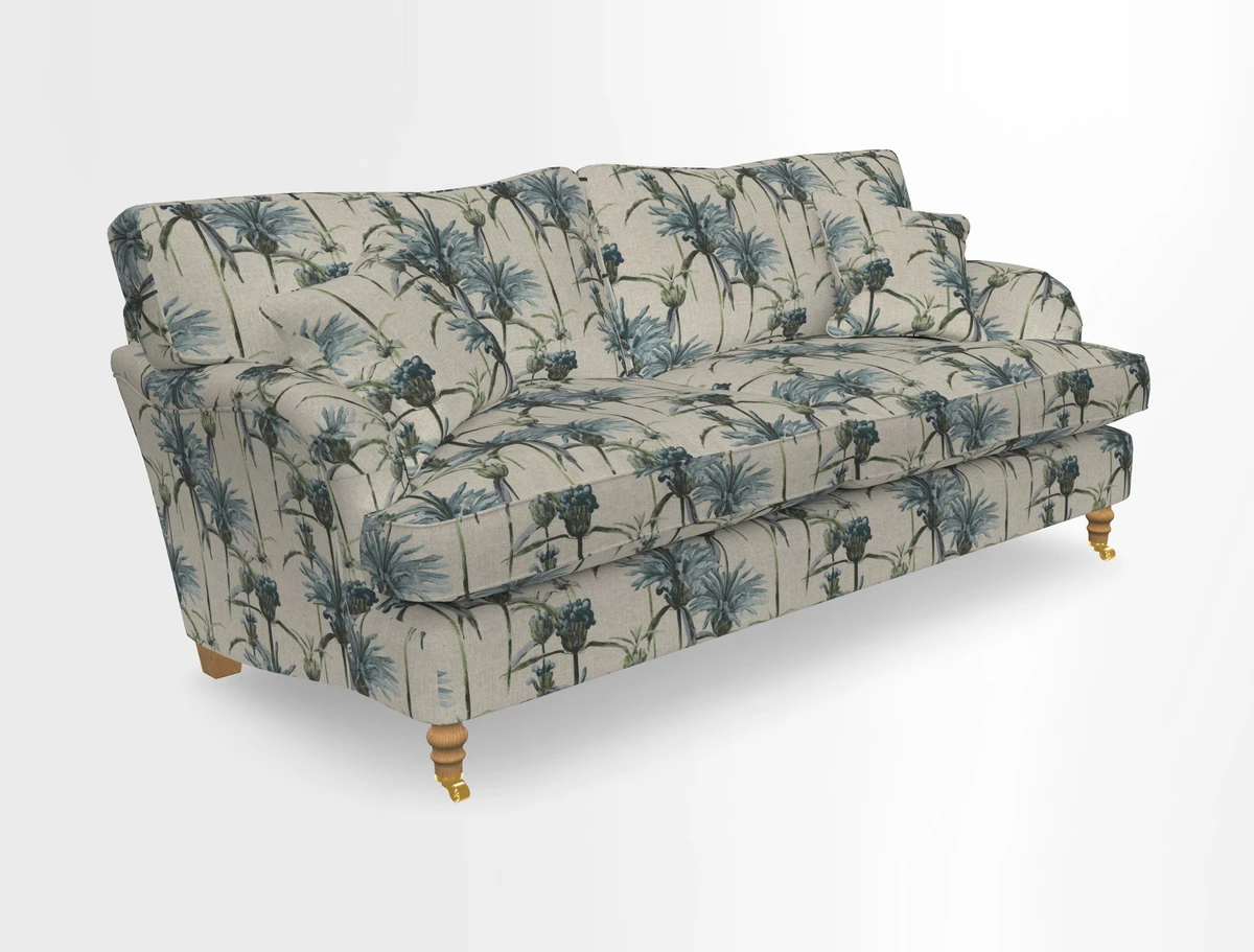 Alwinton 3 seater sofa in Ettas Stripe Moss with bolster cushion in Almost Plain Velvet Harvest