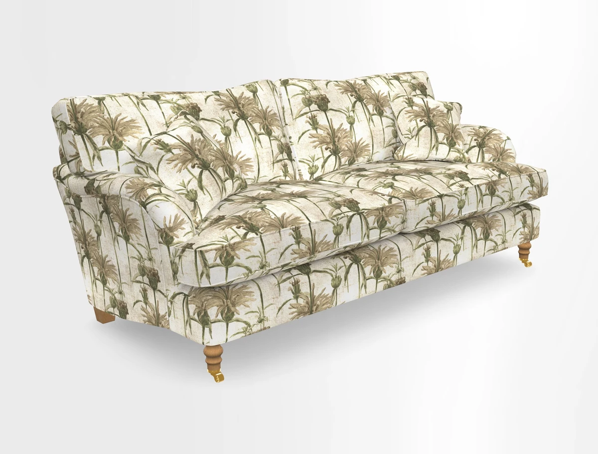 Alwinton 3 seater sofa in Ettas Stripe Moss with bolster cushion in Almost Plain Velvet Harvest