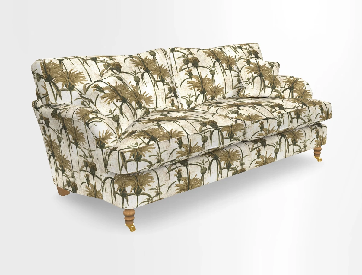 Alwinton 3 seater sofa in Ettas Stripe Moss with bolster cushion in Almost Plain Velvet Harvest