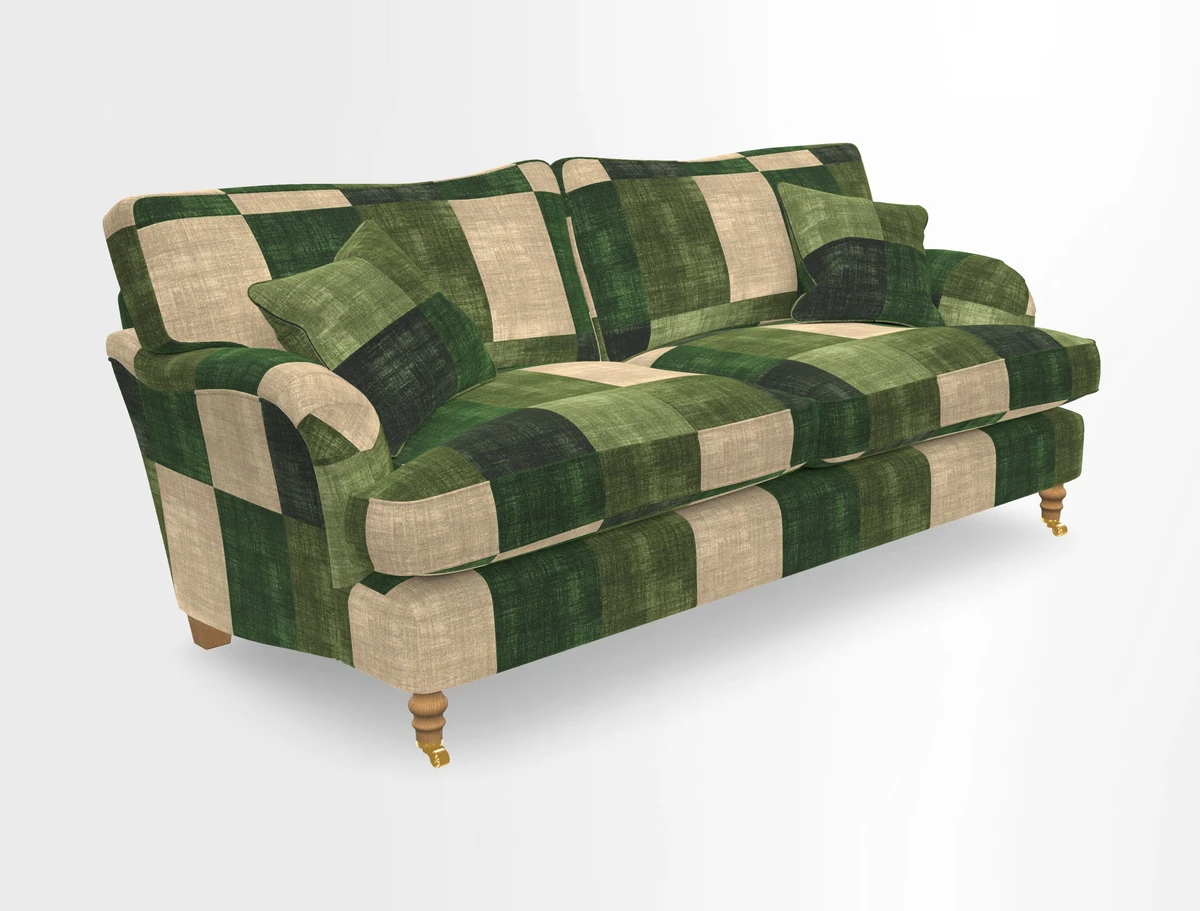 Alwinton 3 seater sofa in Ettas Stripe Moss with bolster cushion in Almost Plain Velvet Harvest