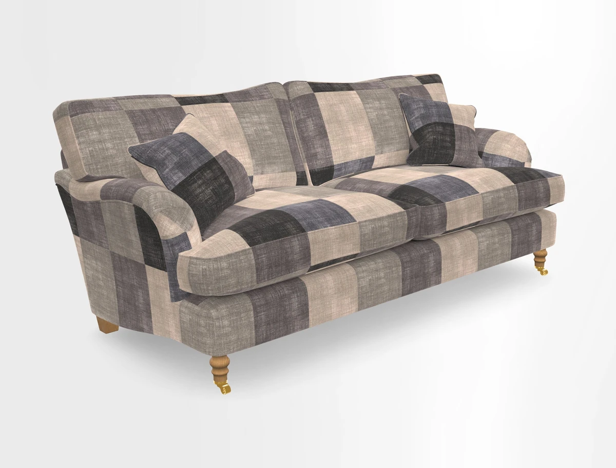 Alwinton 3 seater sofa in Ettas Stripe Moss with bolster cushion in Almost Plain Velvet Harvest