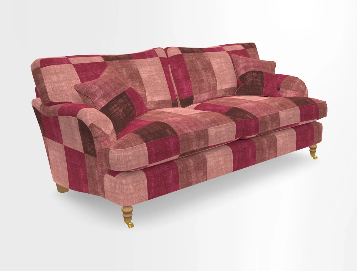 Alwinton 3 seater sofa in Ettas Stripe Moss with bolster cushion in Almost Plain Velvet Harvest