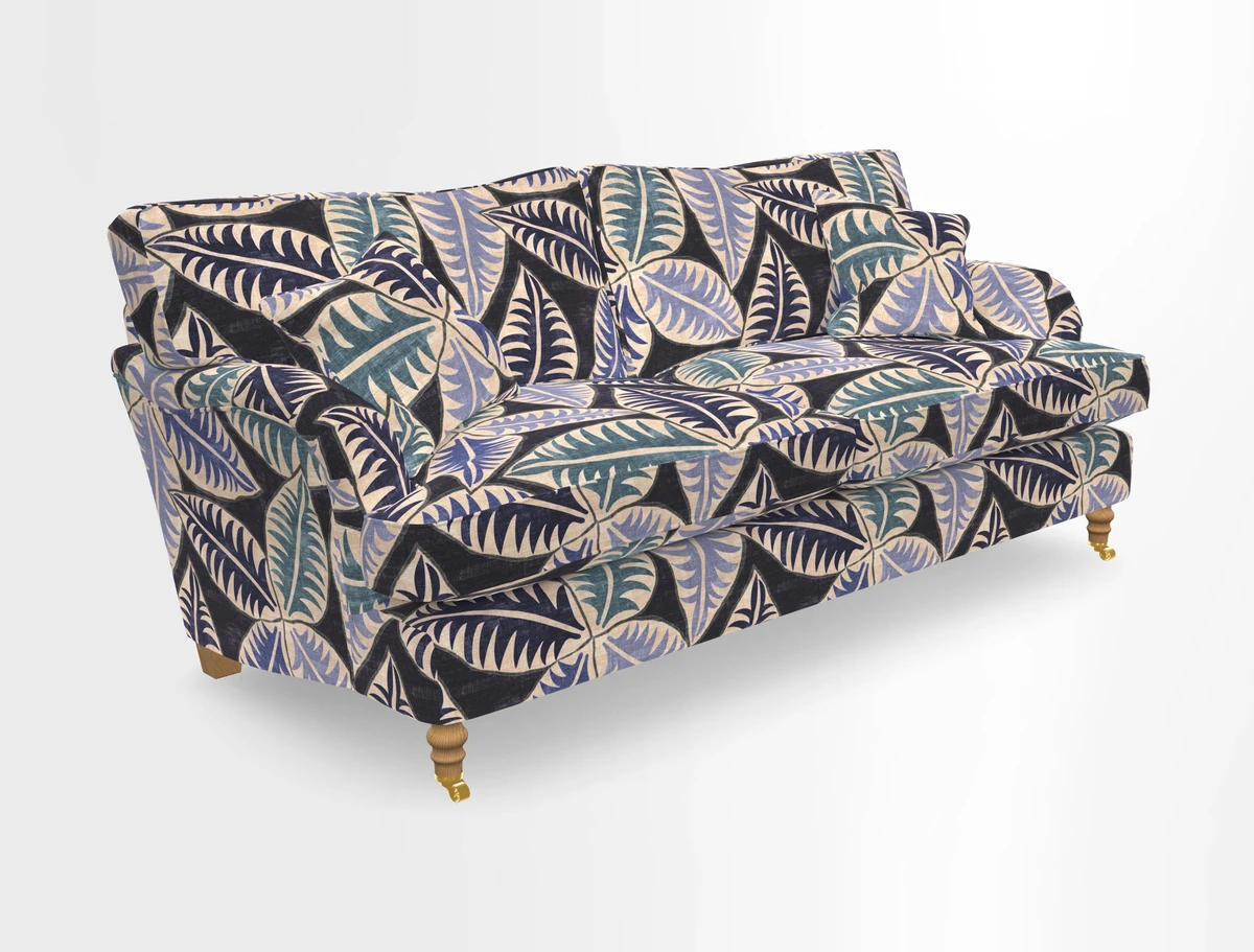 Alwinton 3 seater sofa in Ettas Stripe Moss with bolster cushion in Almost Plain Velvet Harvest