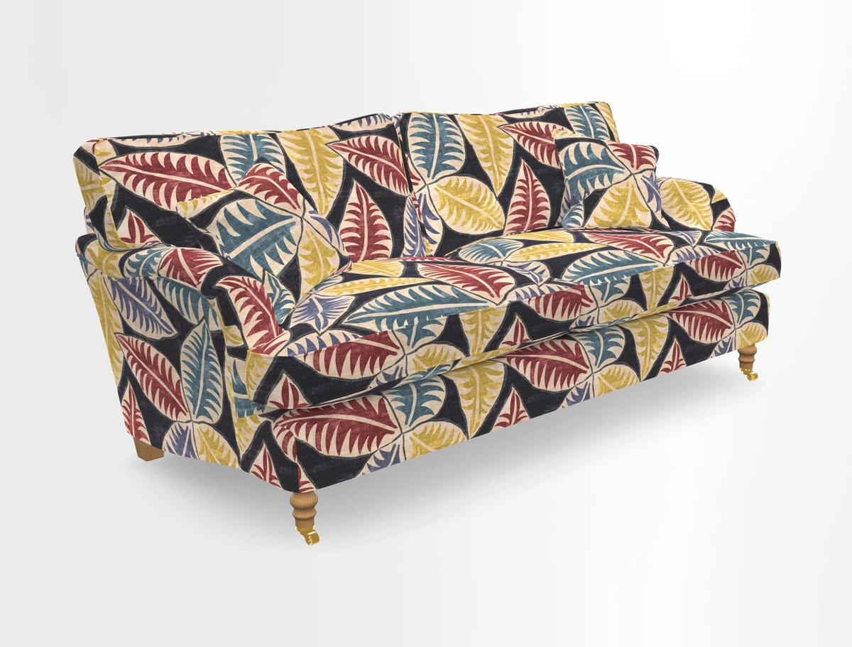 Alwinton 3 seater sofa in Ettas Stripe Moss with bolster cushion in Almost Plain Velvet Harvest