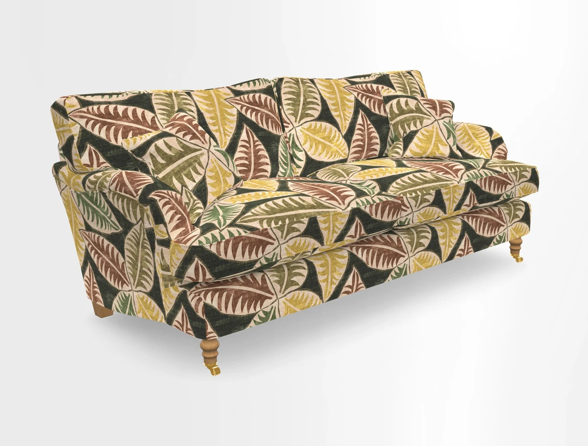 Alwinton 3 seater sofa in Ettas Stripe Moss with bolster cushion in Almost Plain Velvet Harvest