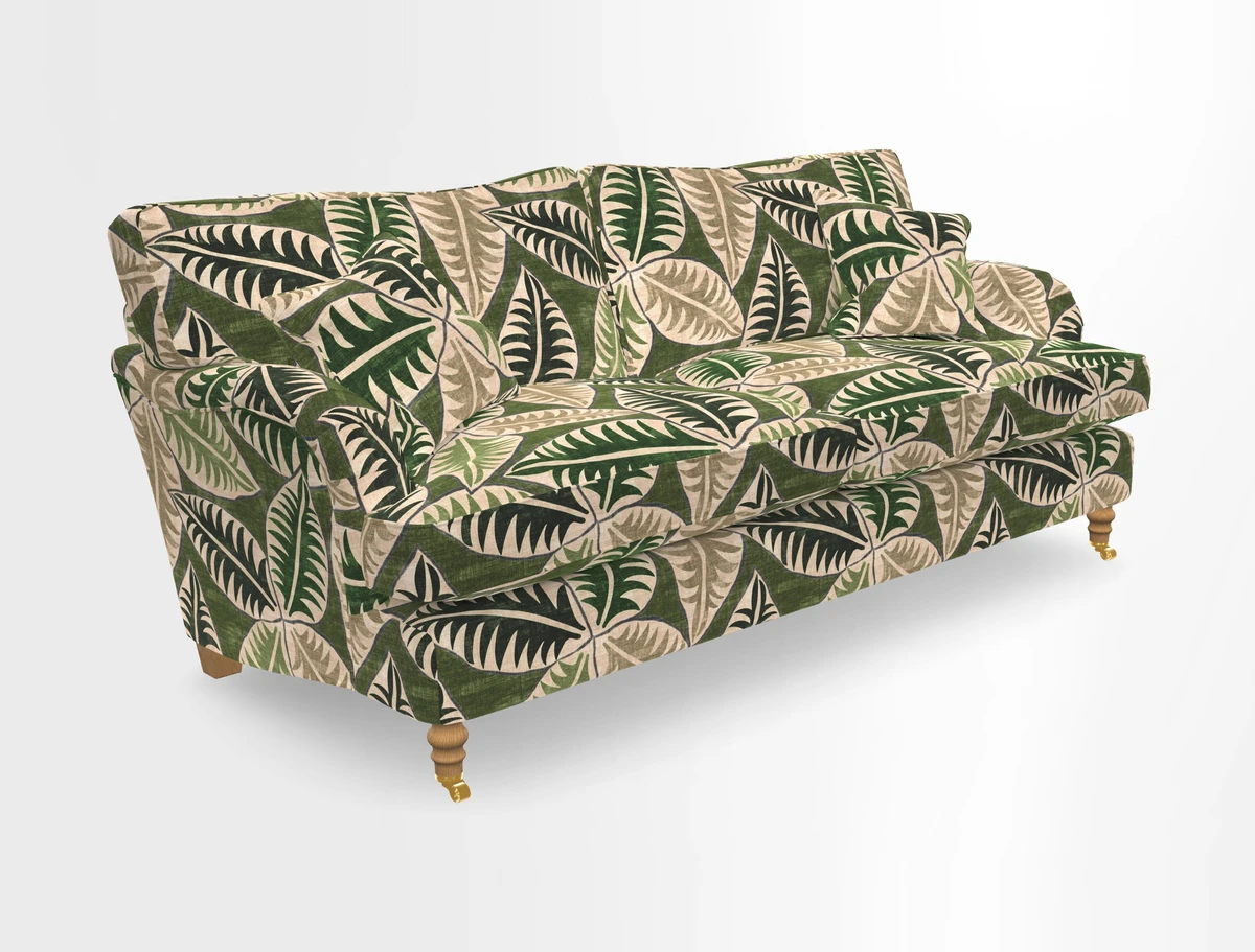 Alwinton 3 seater sofa in Ettas Stripe Moss with bolster cushion in Almost Plain Velvet Harvest