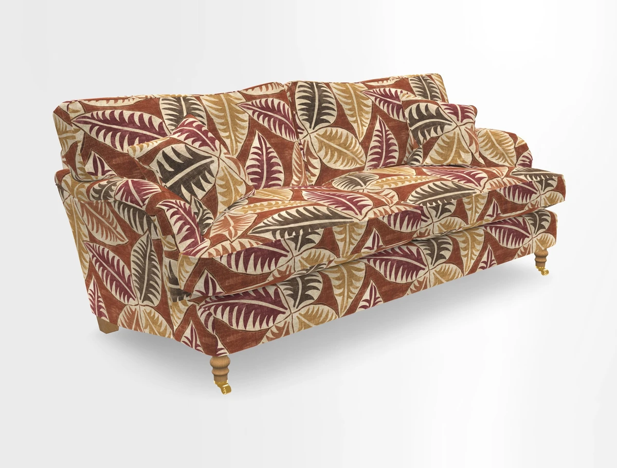 Alwinton 3 seater sofa in Ettas Stripe Moss with bolster cushion in Almost Plain Velvet Harvest
