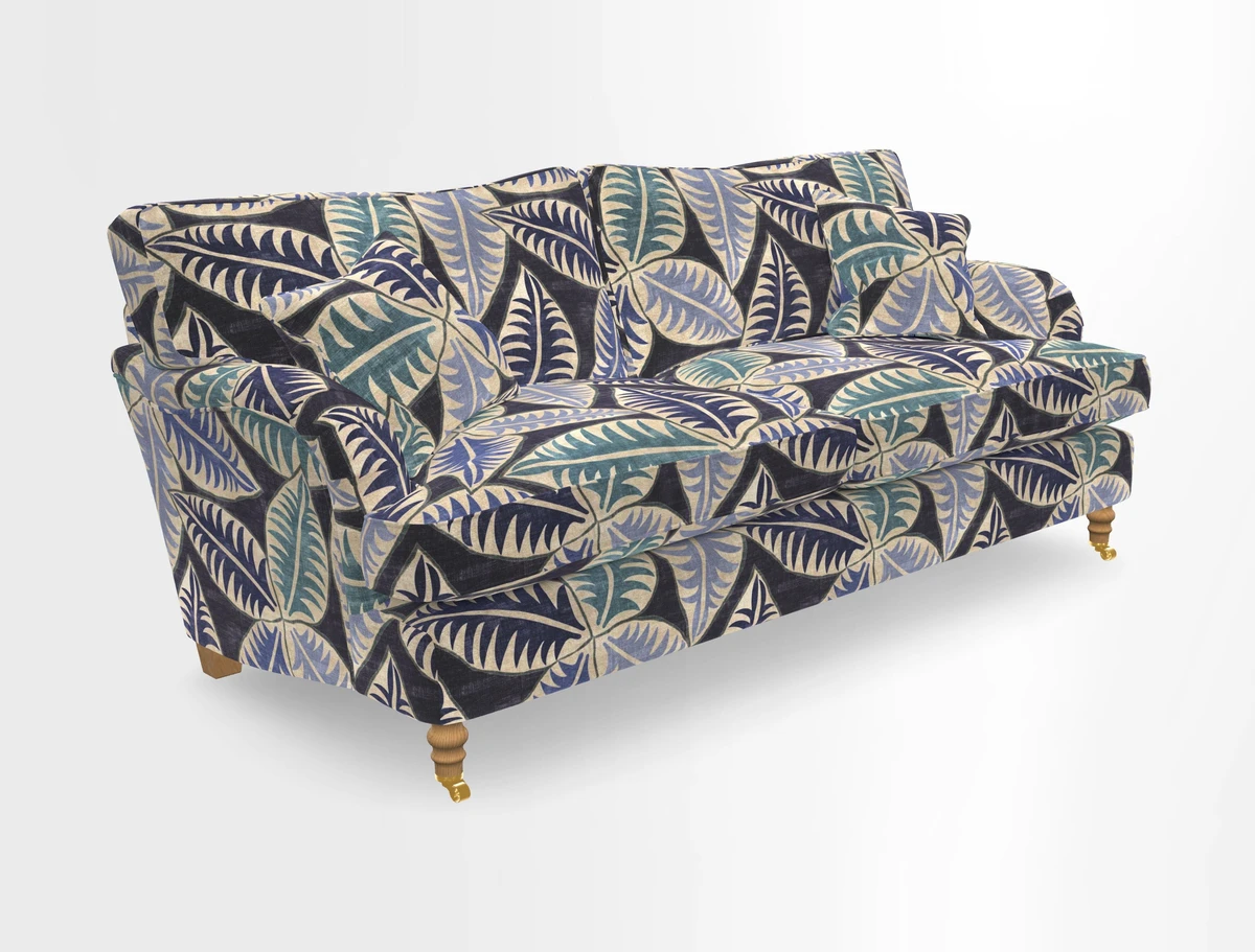 Alwinton 3 seater sofa in Ettas Stripe Moss with bolster cushion in Almost Plain Velvet Harvest