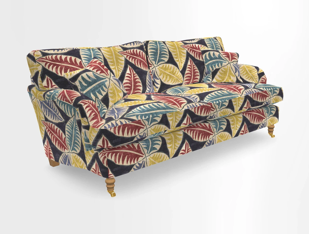 Alwinton 3 seater sofa in Ettas Stripe Moss with bolster cushion in Almost Plain Velvet Harvest