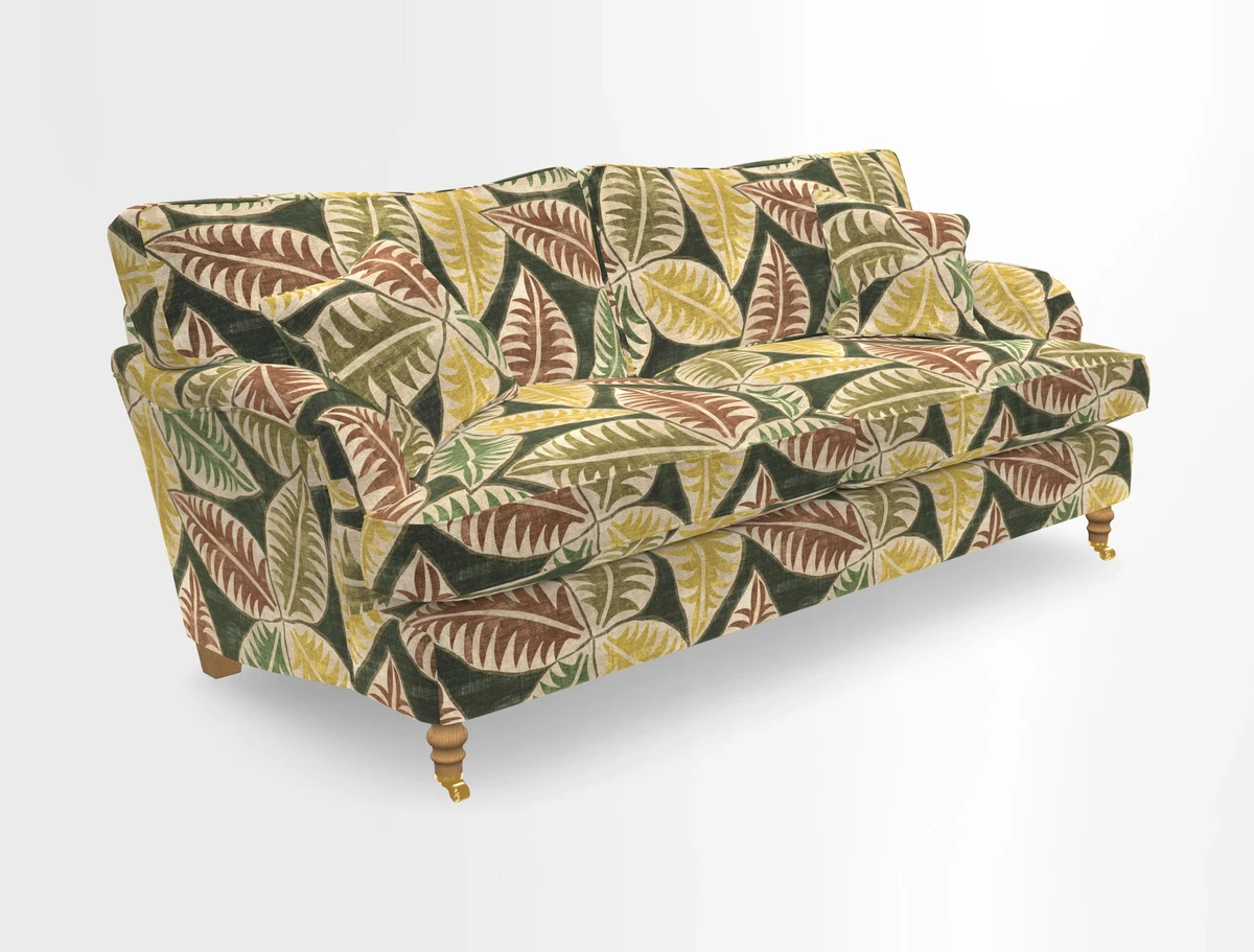 Alwinton 3 seater sofa in Ettas Stripe Moss with bolster cushion in Almost Plain Velvet Harvest