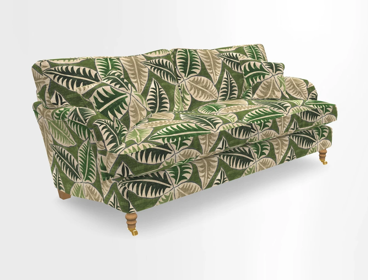 Alwinton 3 seater sofa in Ettas Stripe Moss with bolster cushion in Almost Plain Velvet Harvest