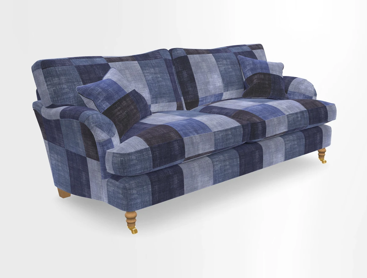 Alwinton 3 seater sofa in Ettas Stripe Moss with bolster cushion in Almost Plain Velvet Harvest