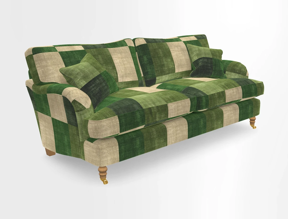 Alwinton 3 seater sofa in Ettas Stripe Moss with bolster cushion in Almost Plain Velvet Harvest