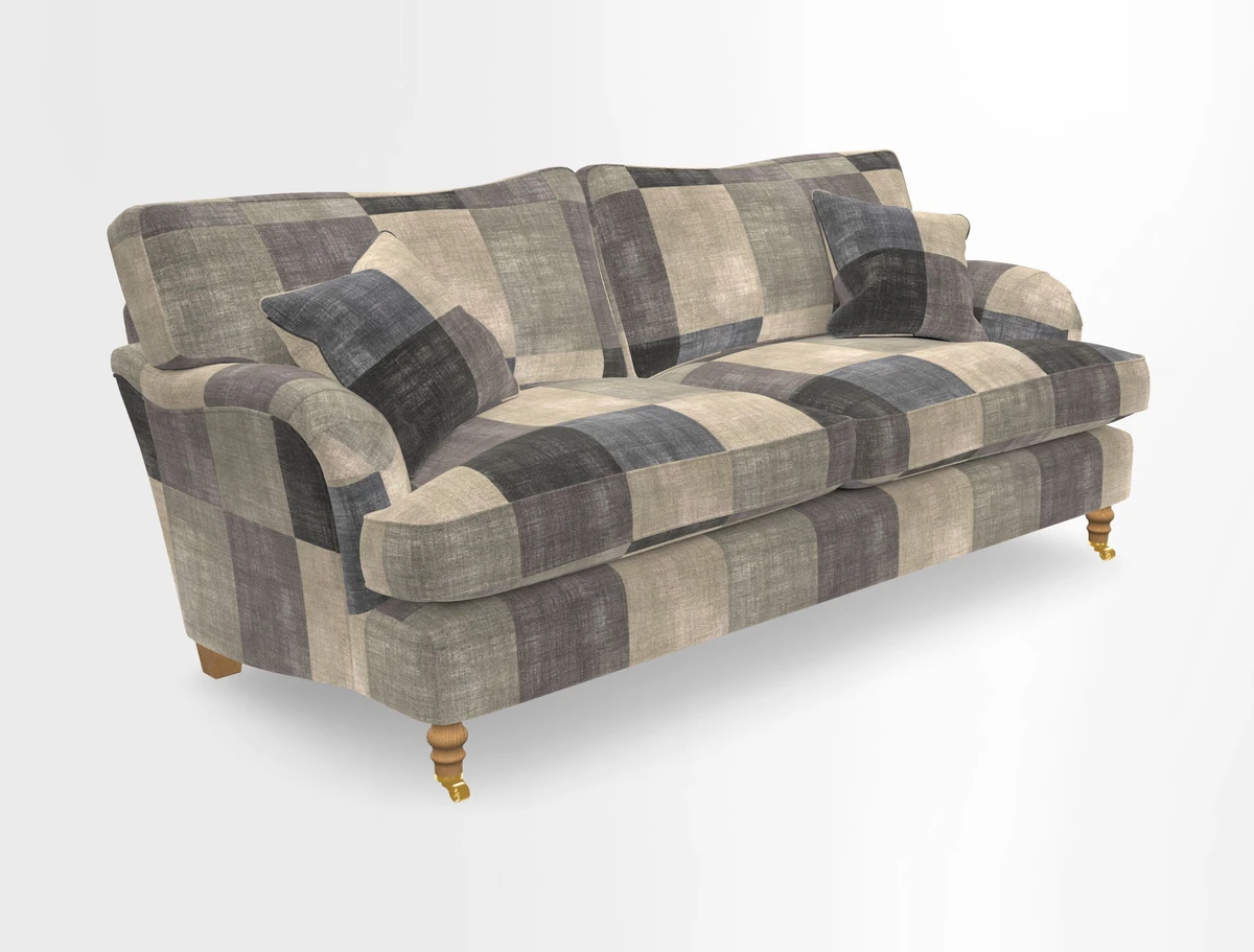 Alwinton 3 seater sofa in Ettas Stripe Moss with bolster cushion in Almost Plain Velvet Harvest