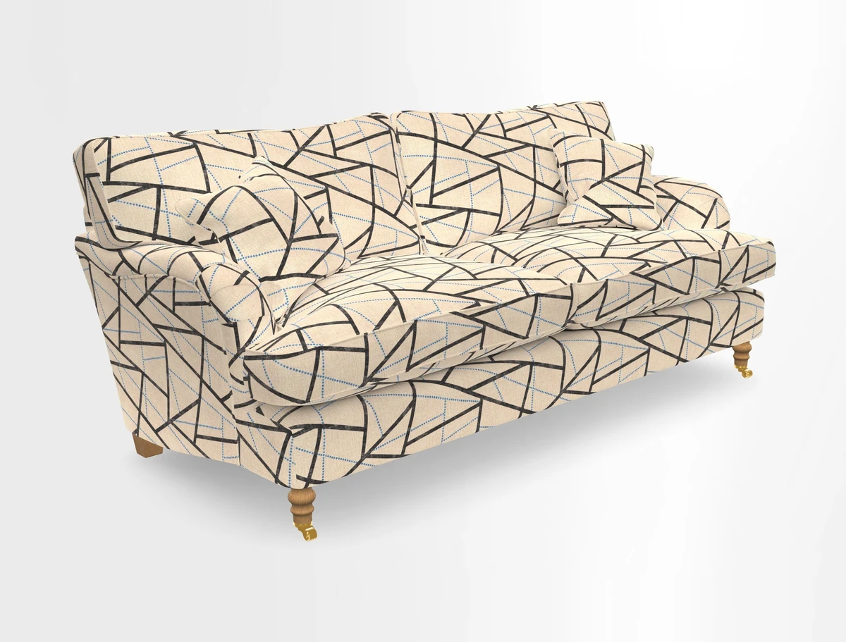 Alwinton 3 seater sofa in Ettas Stripe Moss with bolster cushion in Almost Plain Velvet Harvest