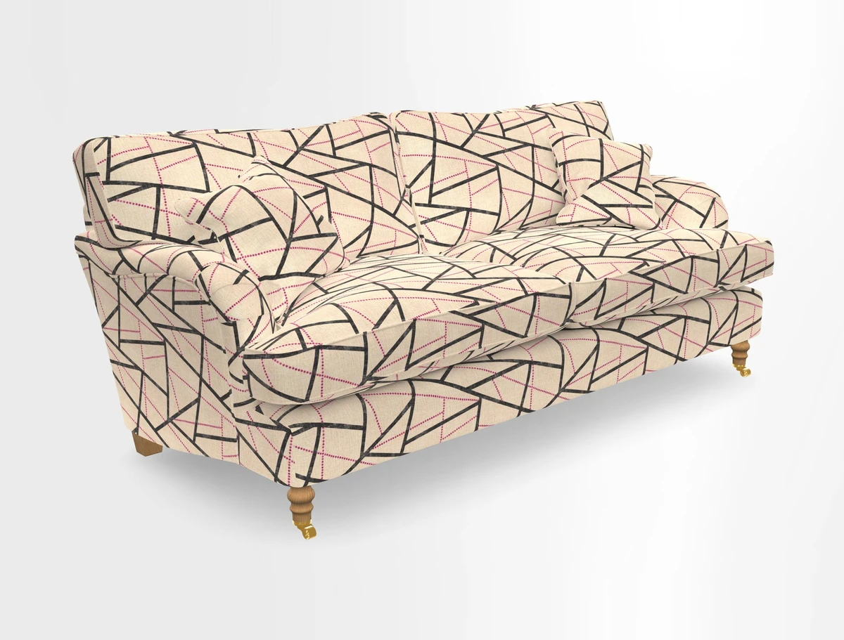 Alwinton 3 seater sofa in Ettas Stripe Moss with bolster cushion in Almost Plain Velvet Harvest