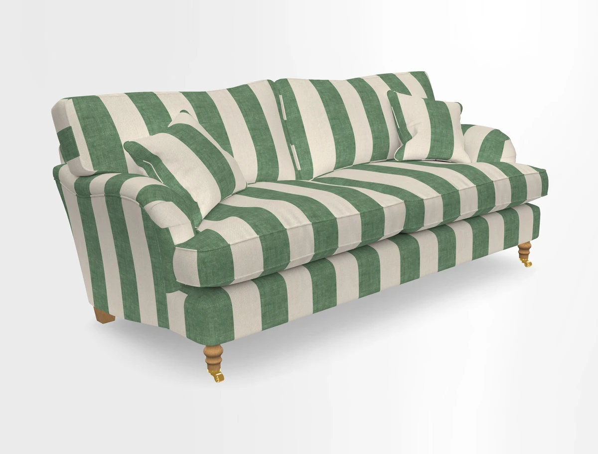 Alwinton 3 seater sofa in Ettas Stripe Moss with bolster cushion in Almost Plain Velvet Harvest
