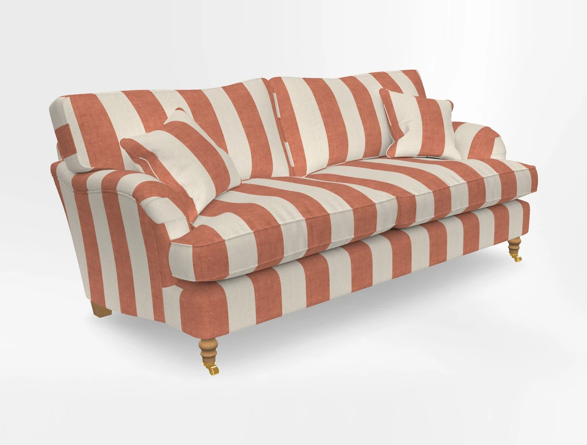 Alwinton 3 seater sofa in Ettas Stripe Moss with bolster cushion in Almost Plain Velvet Harvest