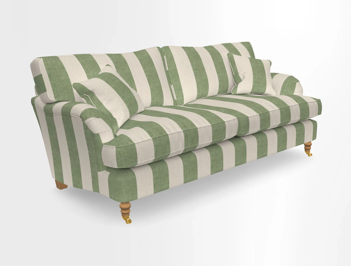 Alwinton 3 seater sofa in Ettas Stripe Moss with bolster cushion in Almost Plain Velvet Harvest