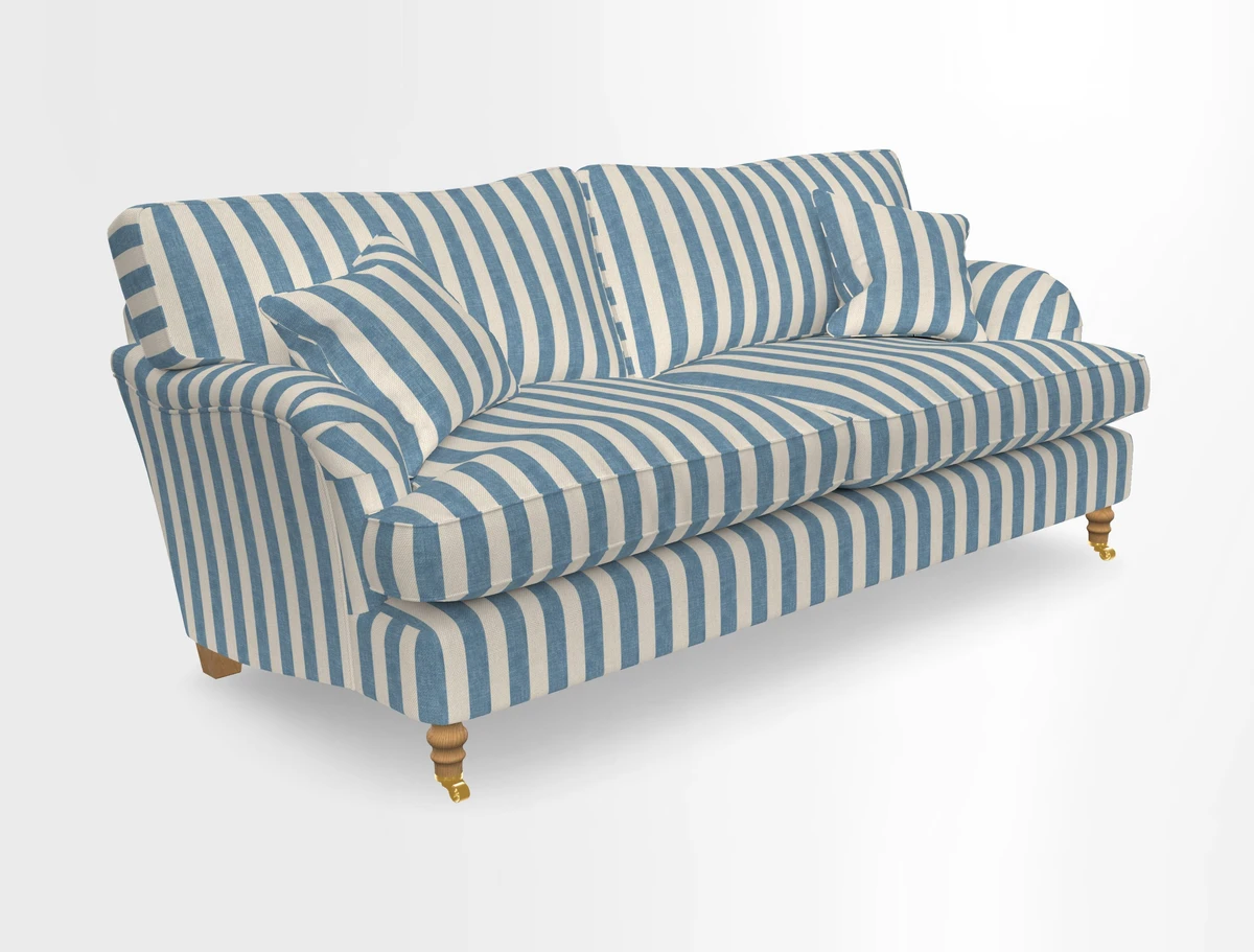 Alwinton 3 seater sofa in Ettas Stripe Moss with bolster cushion in Almost Plain Velvet Harvest
