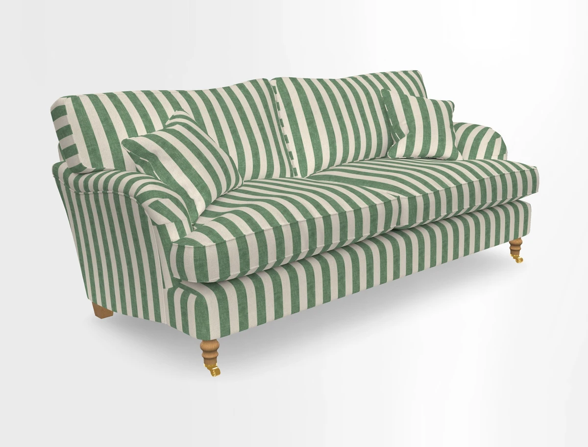 Alwinton 3 seater sofa in Ettas Stripe Moss with bolster cushion in Almost Plain Velvet Harvest