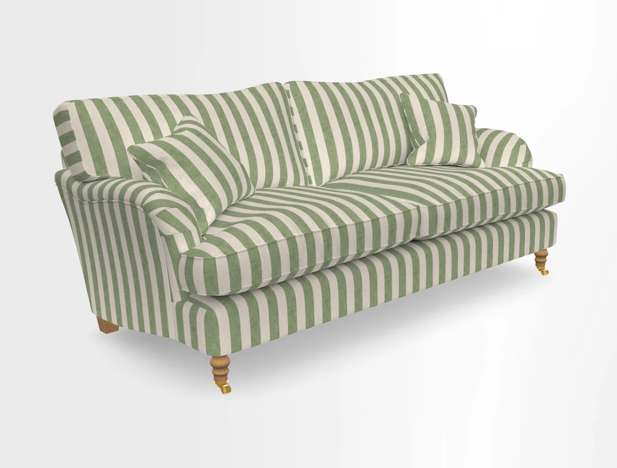 Alwinton 3 seater sofa in Ettas Stripe Moss with bolster cushion in Almost Plain Velvet Harvest