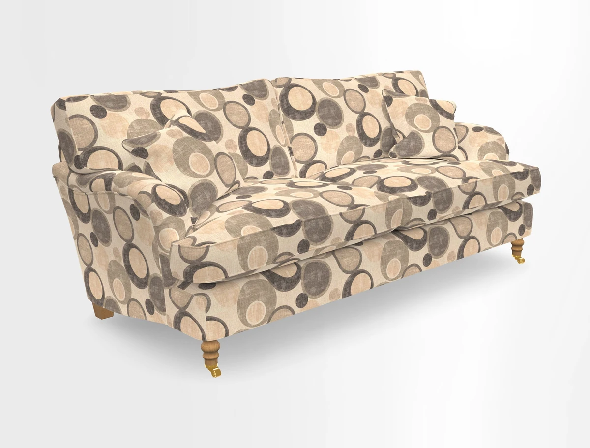 Alwinton 3 seater sofa in Ettas Stripe Moss with bolster cushion in Almost Plain Velvet Harvest