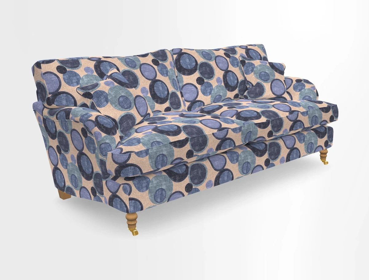 Alwinton 3 seater sofa in Ettas Stripe Moss with bolster cushion in Almost Plain Velvet Harvest