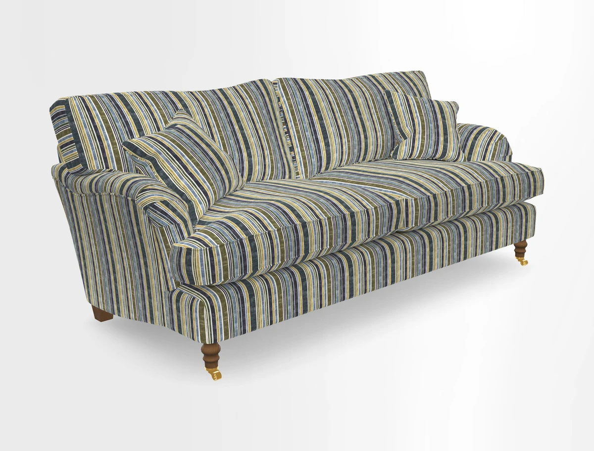 Alwinton 3 seater sofa in Ettas Stripe Moss with bolster cushion in Almost Plain Velvet Harvest