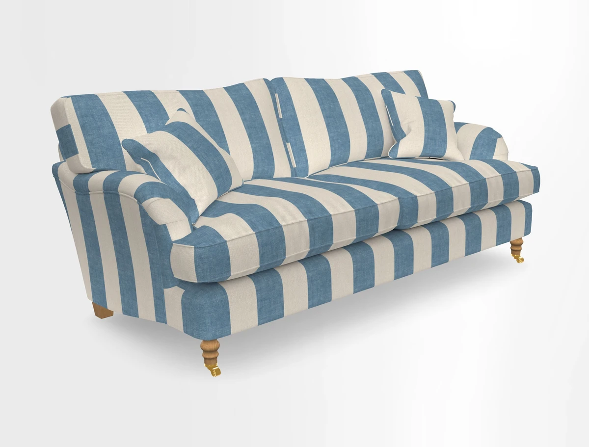 Alwinton 3 seater sofa in Ettas Stripe Moss with bolster cushion in Almost Plain Velvet Harvest